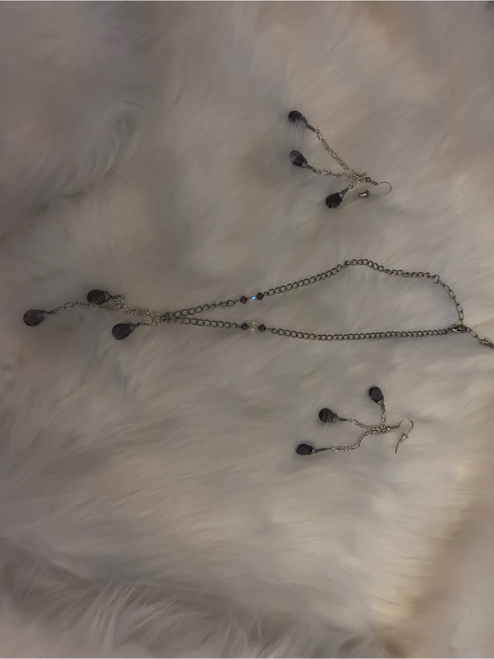 Delicate Silver Chain Necklace and Drop Earrings Set with amethyst? stones